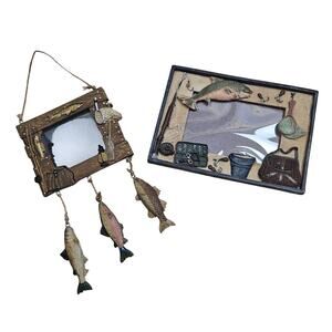 2 VTG Fathers Day Photo Frames 3D Resin Cabin Fish Lodge Man Cave Rustic Decor